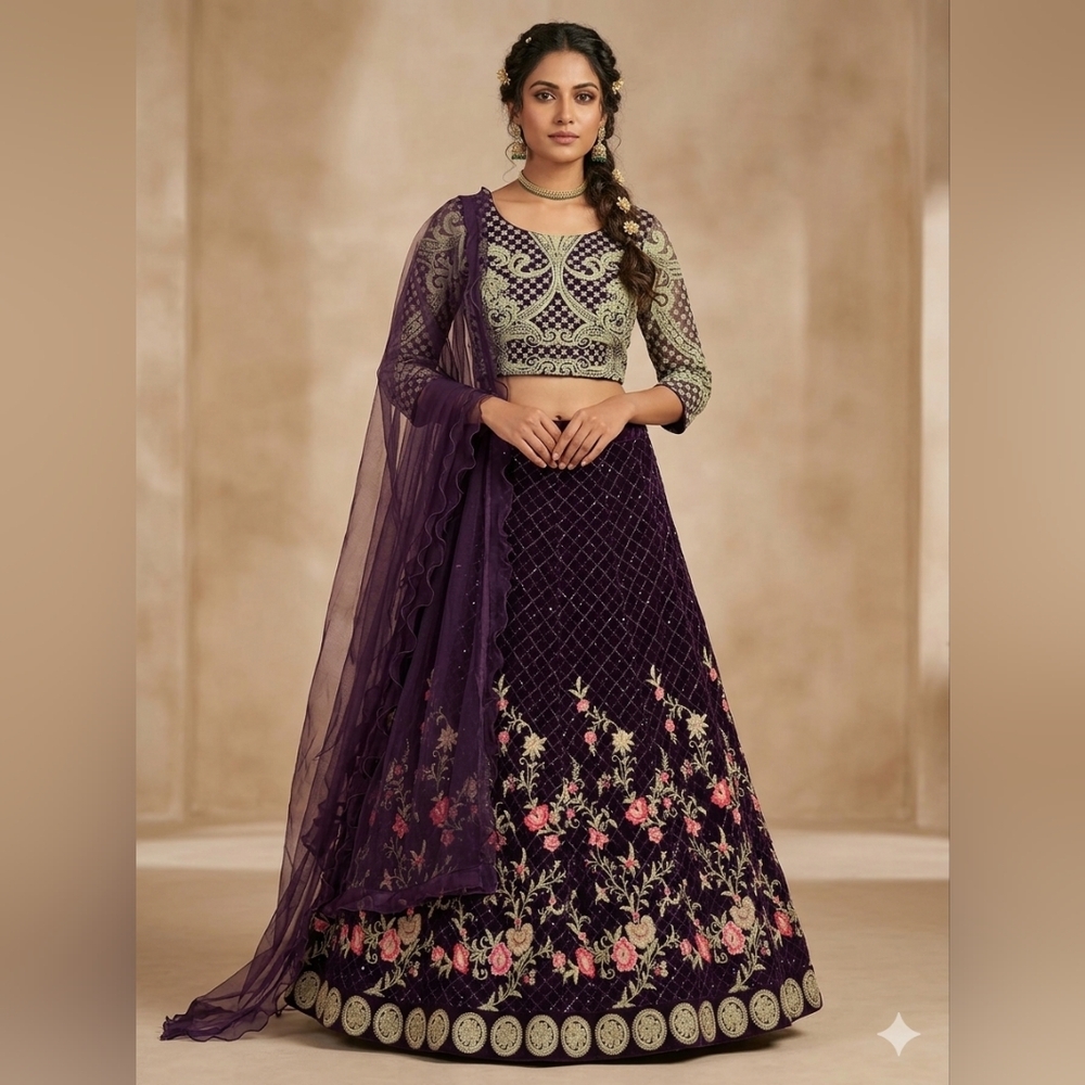 Purple Embroidered Lehenga Choli 4 Piece- Bridal/Festive/ Formal - Indian & Paki - Picture 3 of 11